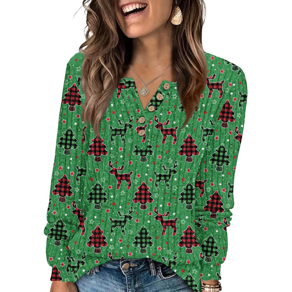 Women's Fashion V-Neck Button-Up T-Shirt With Christmas Print Long-Sleeved Top