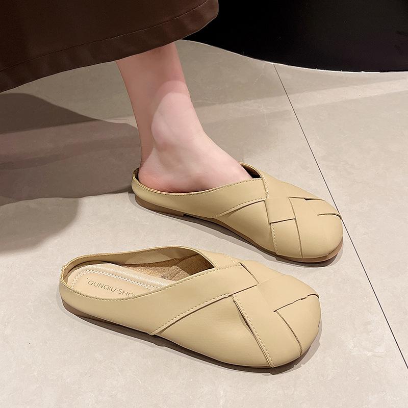 

Simple cool slippers women s 2024 summer new outer wear solid color bag head rear low heel cross with niche women s slippers 35 хаки