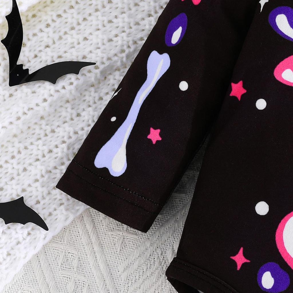 2025 European Style Girls' Halloween Skeleton Print Outfit with Headband and Gauze Skirt