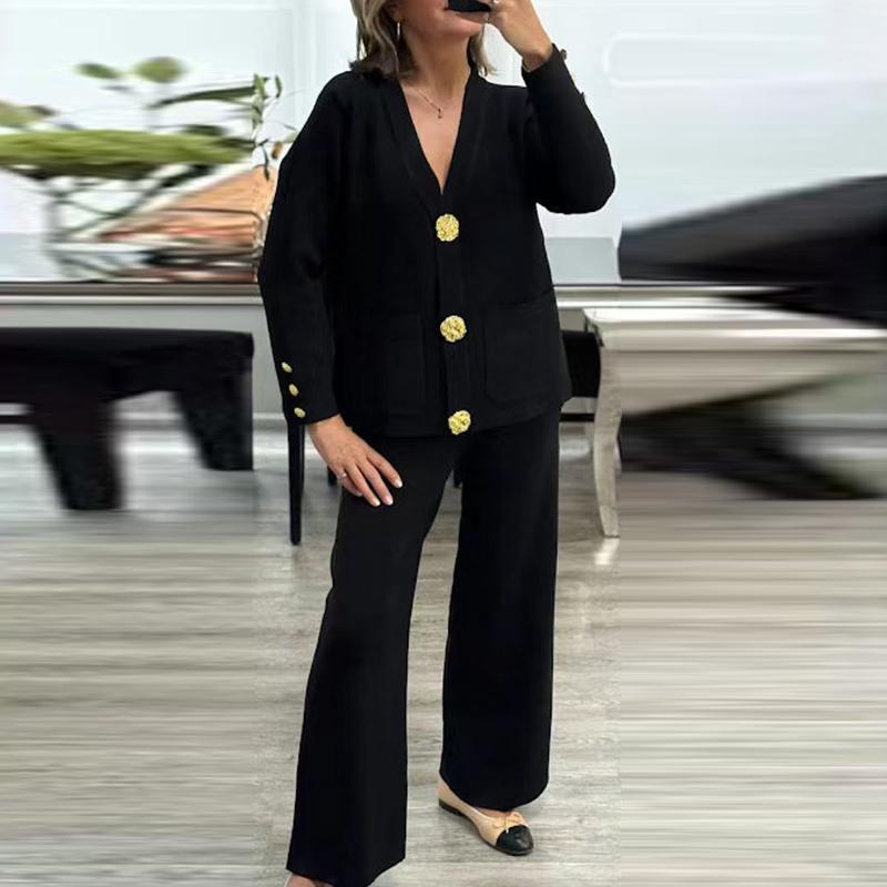 Cozy Knit Cardigan Pants Women Set Loose V-neck Pocket Button Coat Wide Leg Trousers  Autumn Winter Fashion Lady Outfit