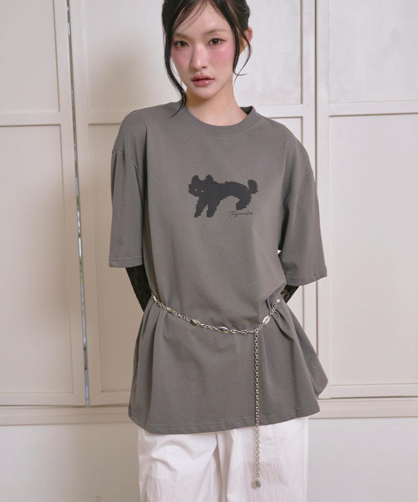 THE GREEN LAB Lace Sleeve Layered Cat T-Shirt [Charcoal Gray]