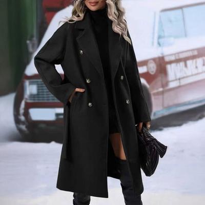 Women's Mid Length Wool Coat Double Breasted Trench Coat Long Sleeve Notched Lapel Overcoat with Belt Fall Winter Outerwear