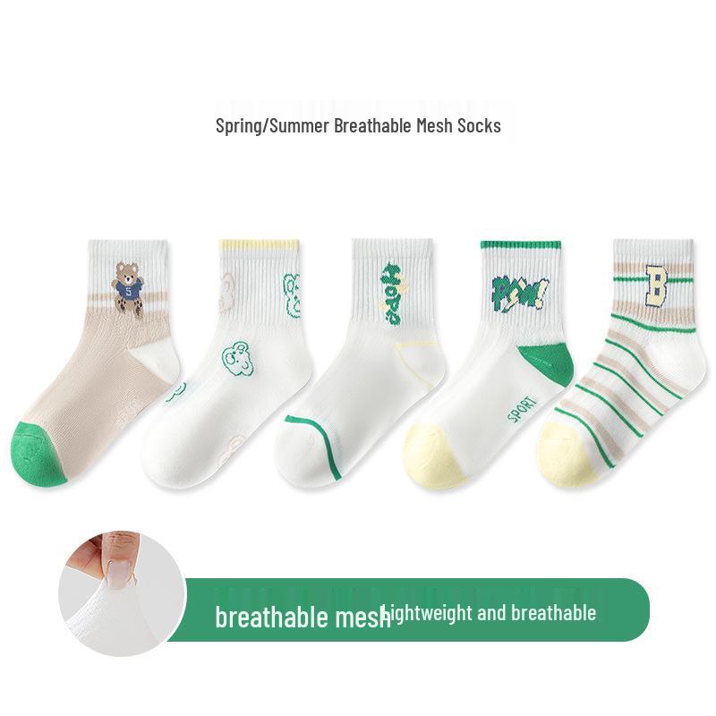 5 Pairs Children's Breathable Mesh Cotton Socks, Cartoon Design for Ages 1-14, Ideal for Spring and Summer