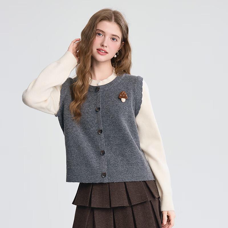 Betu Women's Plush Faux Two-Piece Sweater Top with Mushroom Brooch