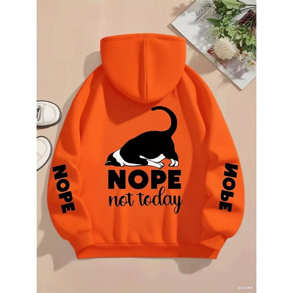 Nope Not Today Prints Hoodies Womens Cute Cat Pullovers Loose Pocket Tops Warm Fleece Sweatshirts Winter Woman Clothing