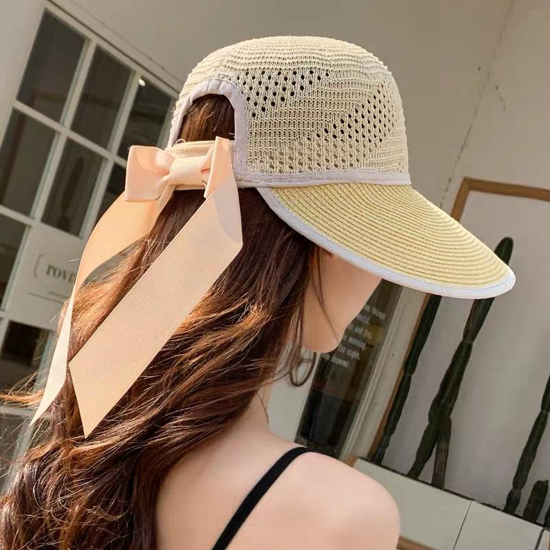 Mori Style Women's Wide Brim Straw Hat with Bow and Satin Ribbon, Sun Protection for Summer Travel and Beach Outings.