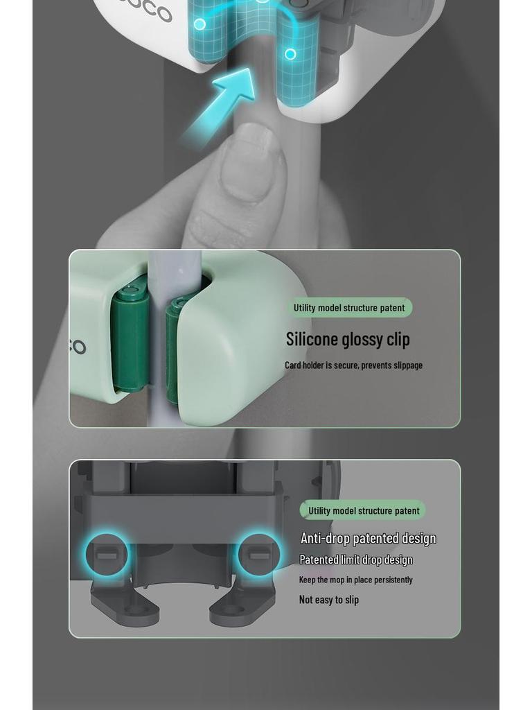 Nástěnný držák na mopy a košťata bez vrtání se silnými viskózovými klipy