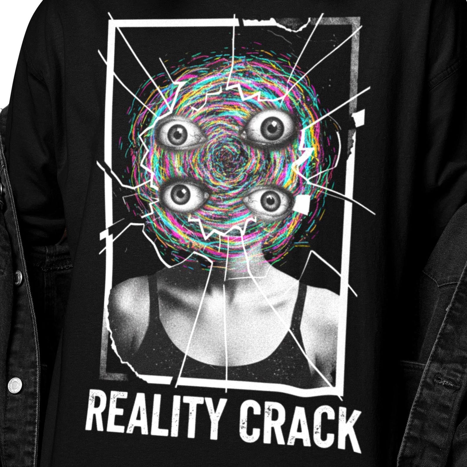 Reality Crack Psychedelic Shirt | Trippy Eye Spiral Graphic Tee | Surreal Mind Break T-Shirt | Weirdcore Abstract Vision Art L
