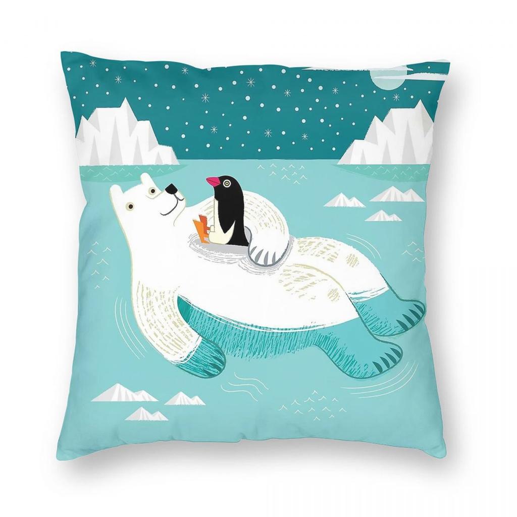 Polar Bear Penguin Hitching A Ride Square Pillowcase Polyester Linen Velvet Pattern Zip Decorative Throw Pillow Case Room Cover