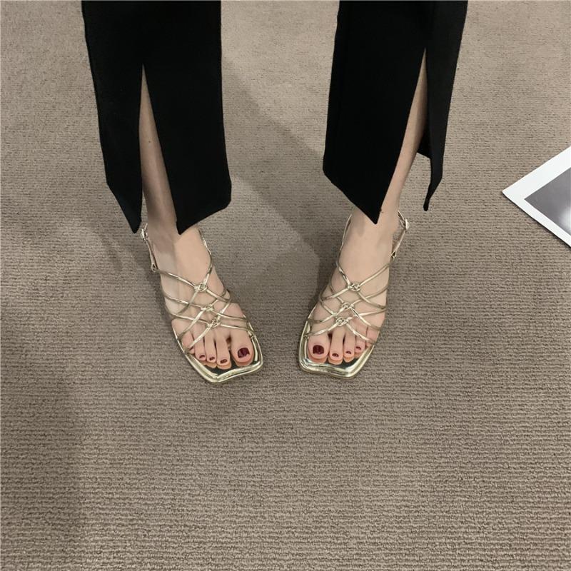 Fashion New Round Heel Sandals for Women Fashion Leather Square Head Cross Thin Belt Set Foot Anti-slip and Wear Heel Shoes