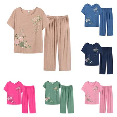 Set de 2 pantaloni de top pentru femei, cu decolteu O, cu imprimeu de flori, stil bunică, cu talie elastică, set de pijamale de vară pentru purtarea zilnică