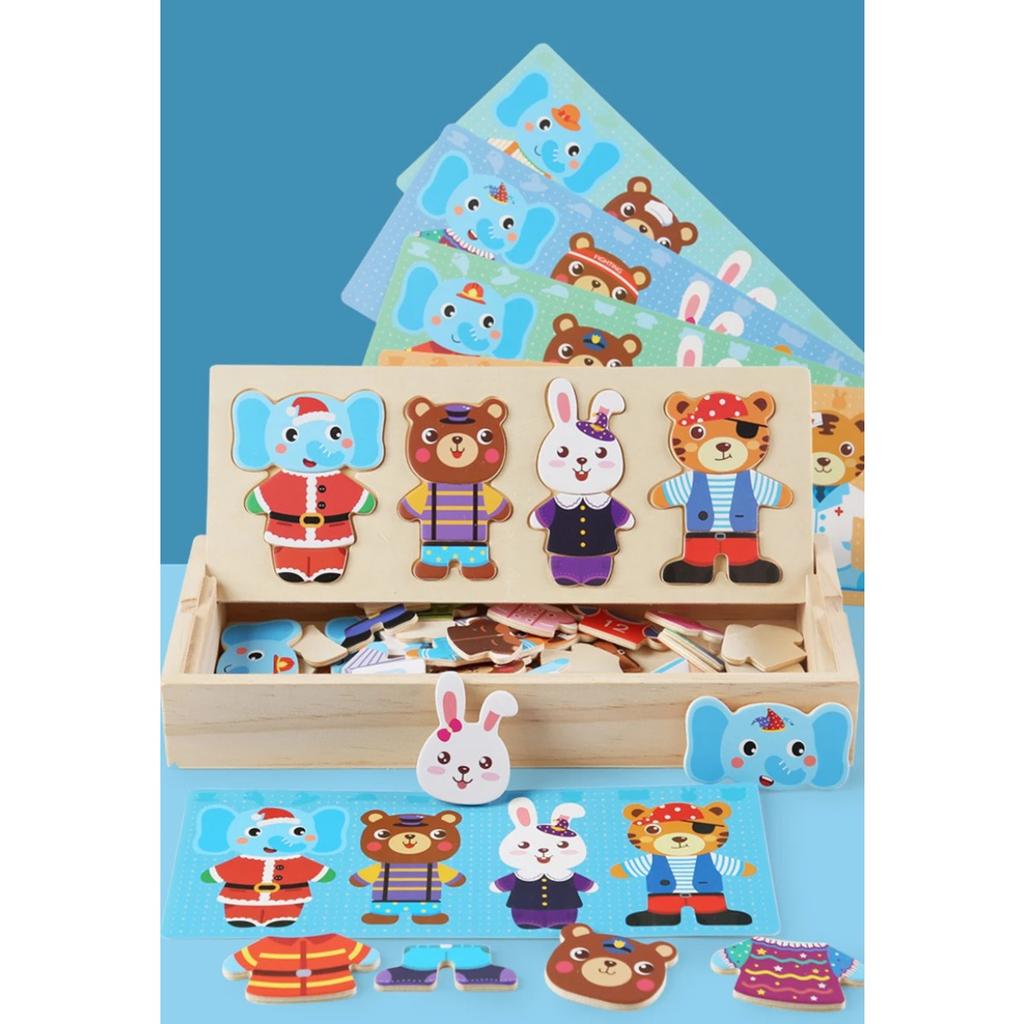 Elephant Bear Change Clothes Children's Early Education Wooden Jigsaw Puzzle Dressing Game Baby Puzzle Toys for Children Gift