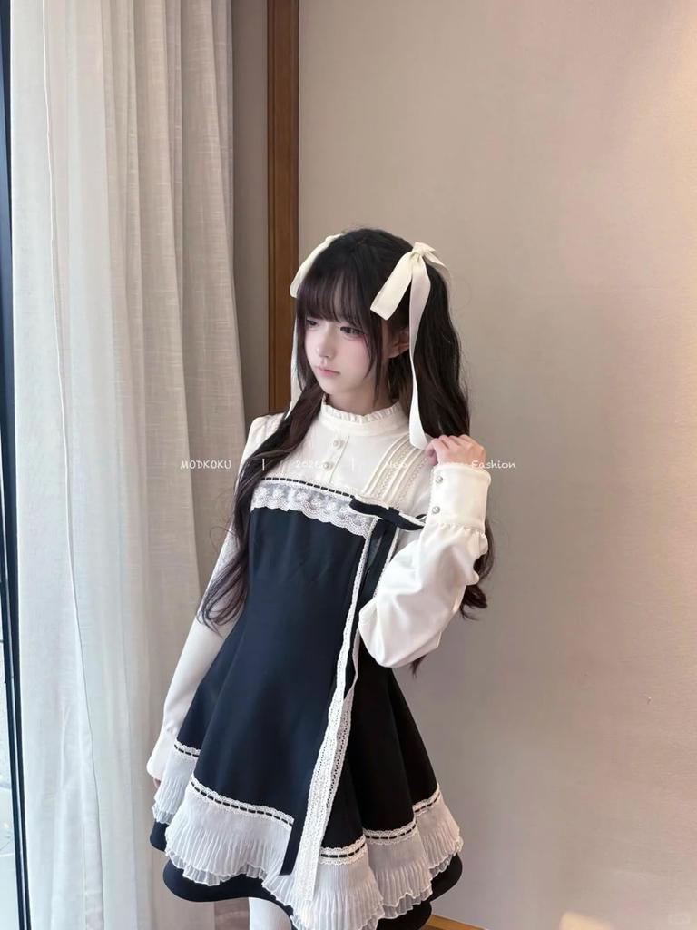 MODKOKU Gotické vrstvené šaty Lolita z umělé kůže s mašlí v pase a úhledným a mini roztomilým francouzským dívčím Halloween aristokratickým dámským dlouhým šatem XL, Dámské