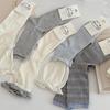 Women's Blue-Gray Striped Japanese Academy Style Mid-Calf Socks - Trendy Double Ribbed Cotton Piled Design
