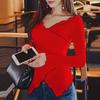 Spring and Autumn Fashion Sexy Slim Fit Irregular Top Heart Machine V-neck Contrast Asymmetric Long Sleeve Underlay Shirt