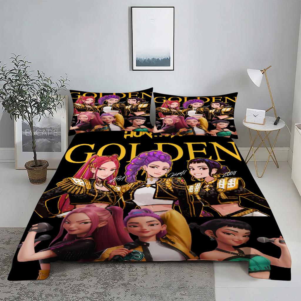 Huntrix, Rumi, Mira D-Dämonenjäger K-Pop Bettwäsche-Set 3D-bedrucktes Bettlaken mit Kissenbezug Bettwäsche King Queen Size