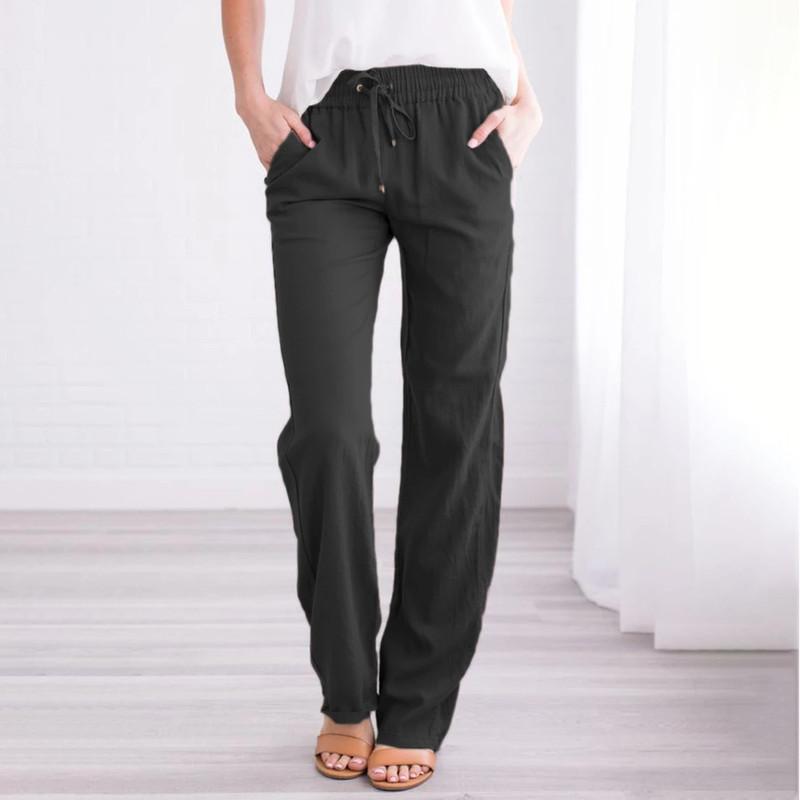Spring and Summer Women's Fashion Solid Colour Cotton and Linen Drawstring Loose Casual Wide Leg Trousers