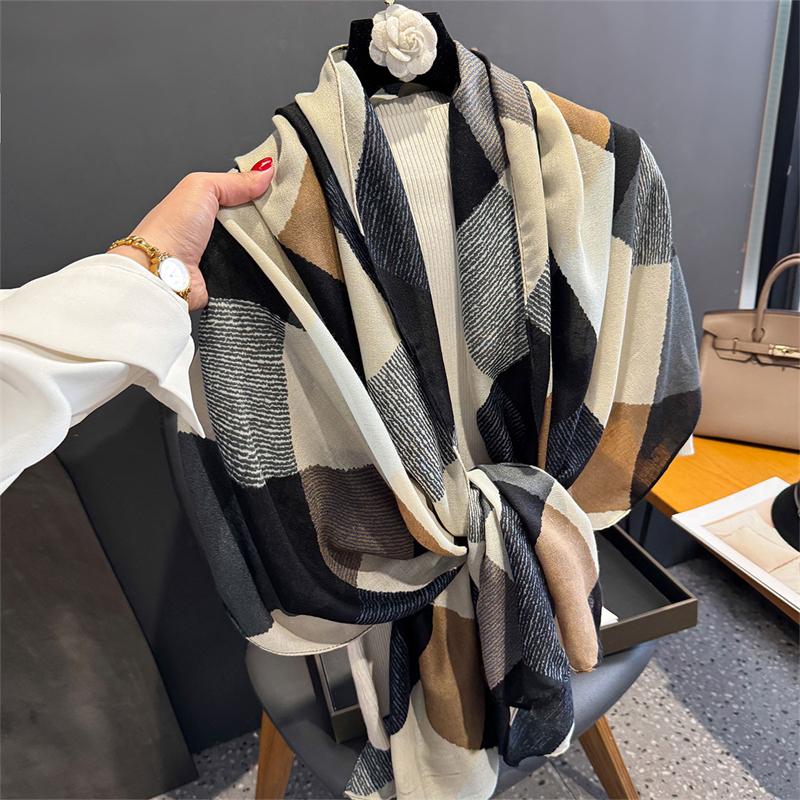 Color Blocks Plaid Print Cotton Linen Fashion Luxury  Ladies Women Scarf Female Long Shawl Muslim Hijab Wrap Scarves