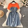 Summer Short Sleeve Denim Dress for Woman Fake Two Jeans Patchwork Women's Dresses Korean Clothing