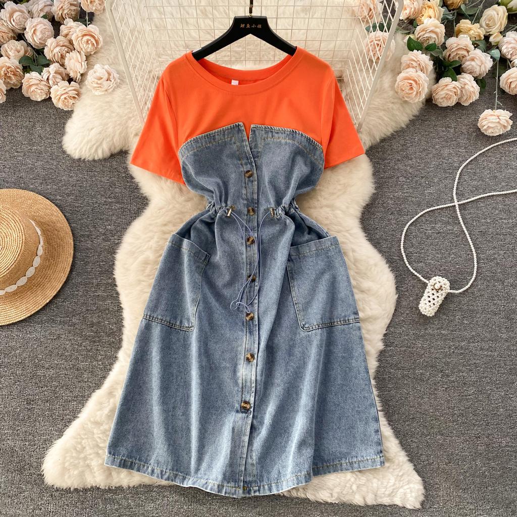 Summer Short Sleeve Denim Dress for Woman Fake Two Jeans Patchwork Women's Dresses Korean Clothing