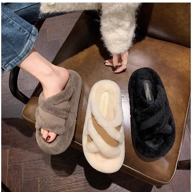 Grape Mother of the Same Style, Fluffy Cross Belt Splicing Warm Casual Style Thick-bottomed Slippers Women's 2025 Autumn and Winter New Models
