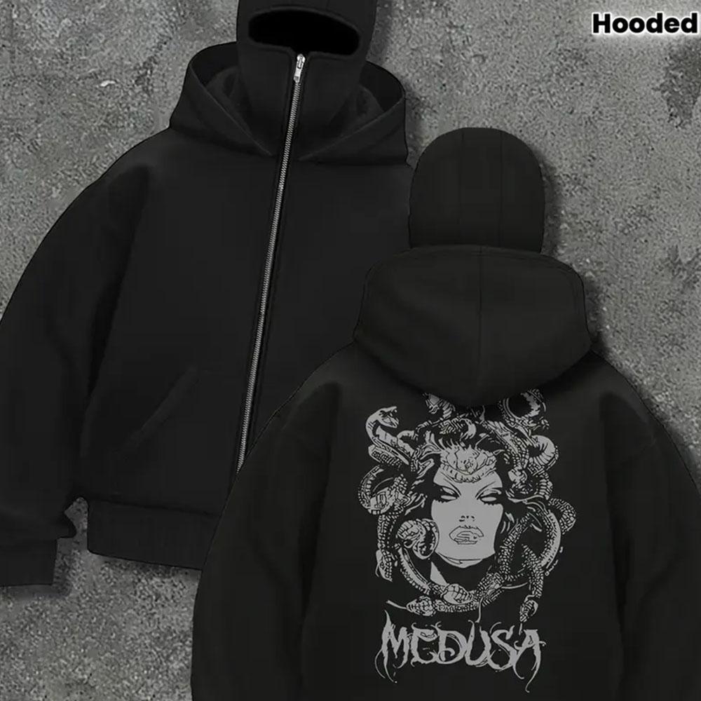 Men's Black Zipper Hooded Sweatshirt with Spider Personalized Print, Fashionable and Trendy Full Zipper Sweatshirt Jacket, Double Hat Design