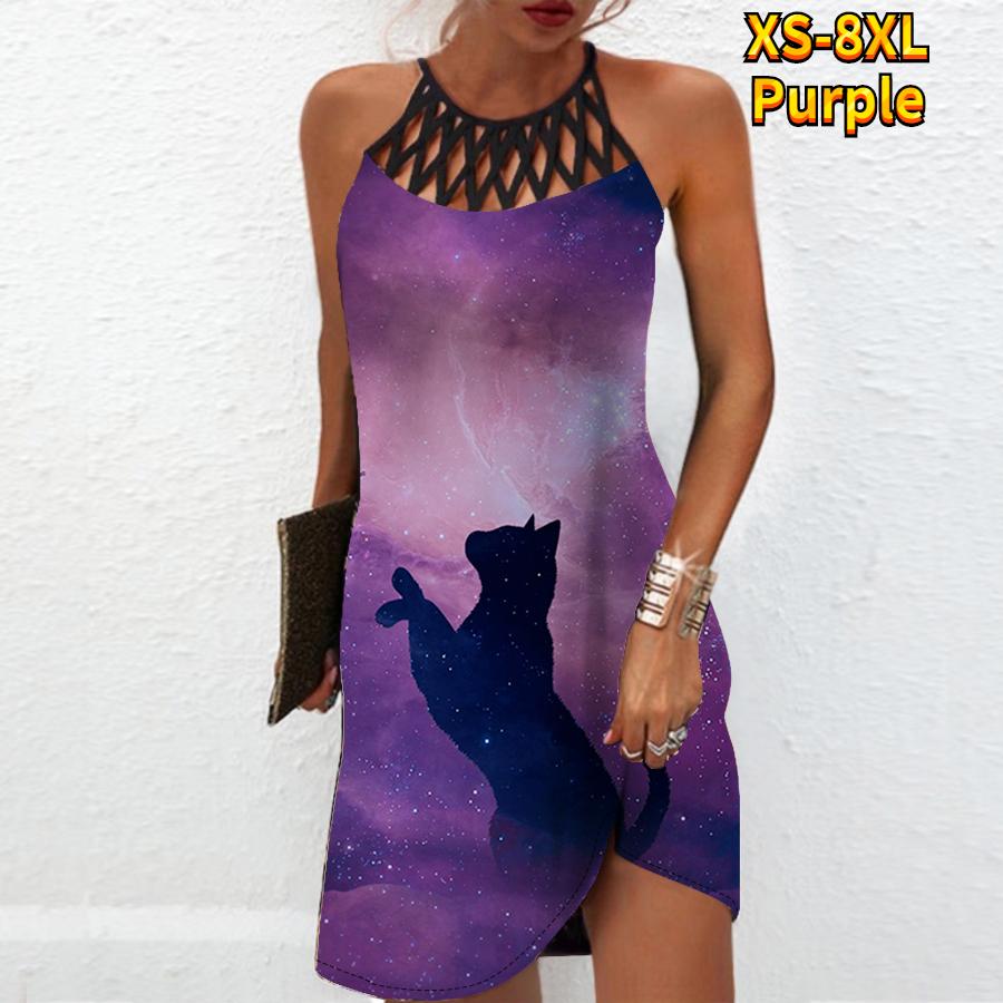 

Летнее модное сексуальное платье без рукавов, мягкое повседневное платье с 3D принтом различных кошек, платье на бретельках без рукавов, летнее платье на подтяжках L фиолетовый