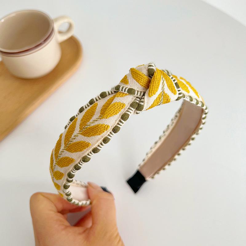 Autumn/Winter Women's Leaf Embroidery Knotted Wide Headband Headband Retro Hair Accessory