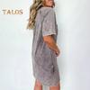 Damenkleid, Rundhalsausschnitt, kurze Ärmel, Brusttasche, Vintage-Stil, Übergröße, kurzes Kleid im Used-Look, einfarbig, Pullover, lässig, für den Alltag, Minikleid