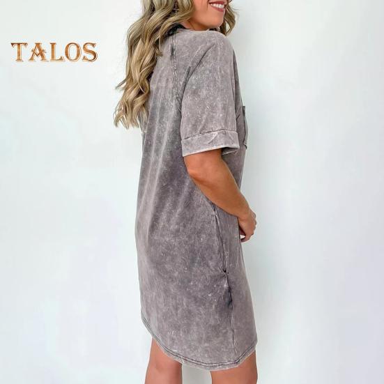 Damenkleid, Rundhalsausschnitt, kurze Ärmel, Brusttasche, Vintage-Stil, Übergröße, kurzes Kleid im Used-Look, einfarbig, Pullover, lässig, für den Alltag, Minikleid