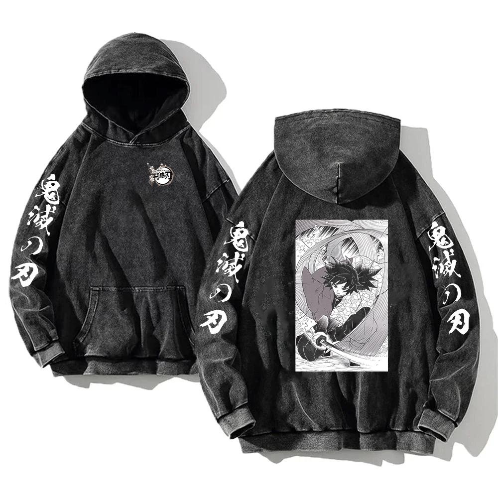 Demon Slayer Anime Clothing Tomioka Giyuu Graphic Hooded Men Women Hoodies Washed Cotton Sweatshirt Harajuku Male Streetwear