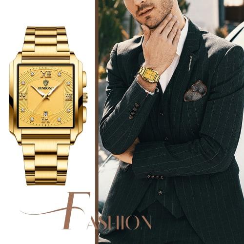 Seiko Men's Watch: Square Dial, Upgraded Waterproof Quartz Watch, Stainless Steel, Adjustable, Gold, for Business and Everyday Use