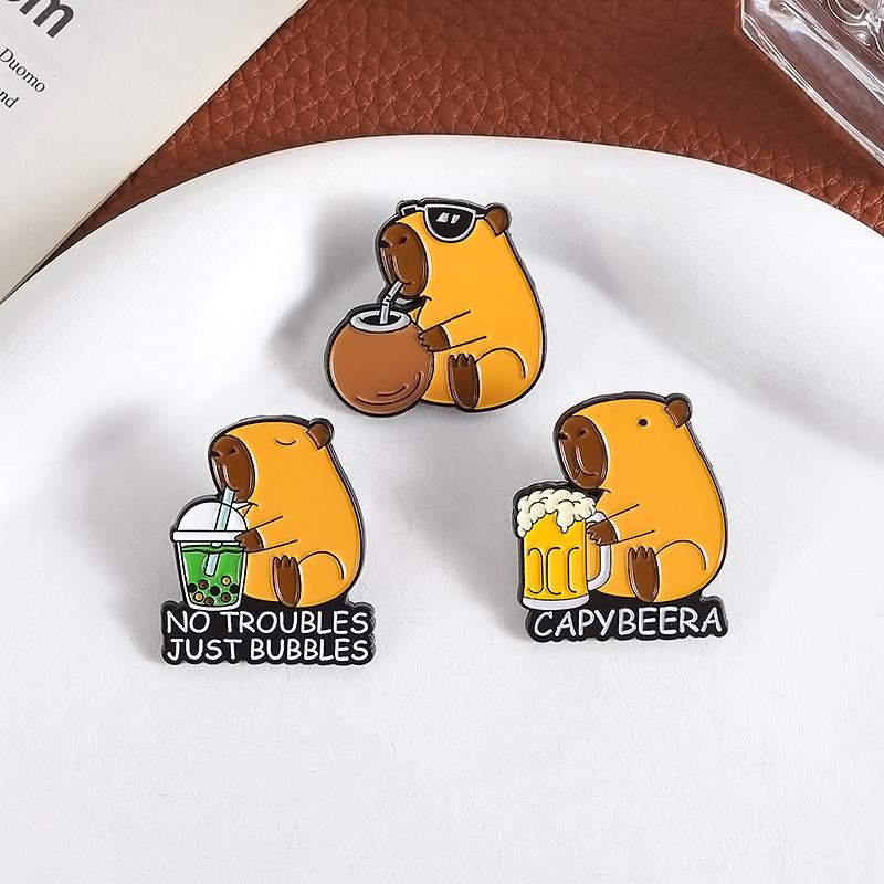 Capybara Drinking Enamel Pins Custom NO TROUBLES JUST BUBBLES Brooches Lapel Badges Clothes Animal Jewelry Gift for Kids Friends