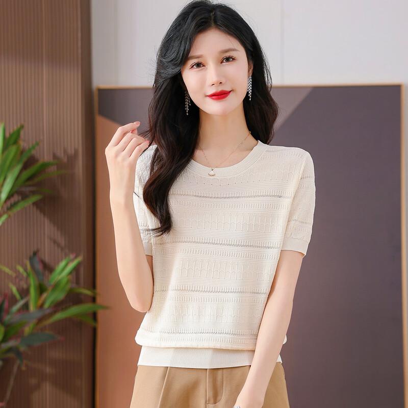 SNOWFLYING Lightweight Hollow-Out Round Neck Women's Knit T-Shirt