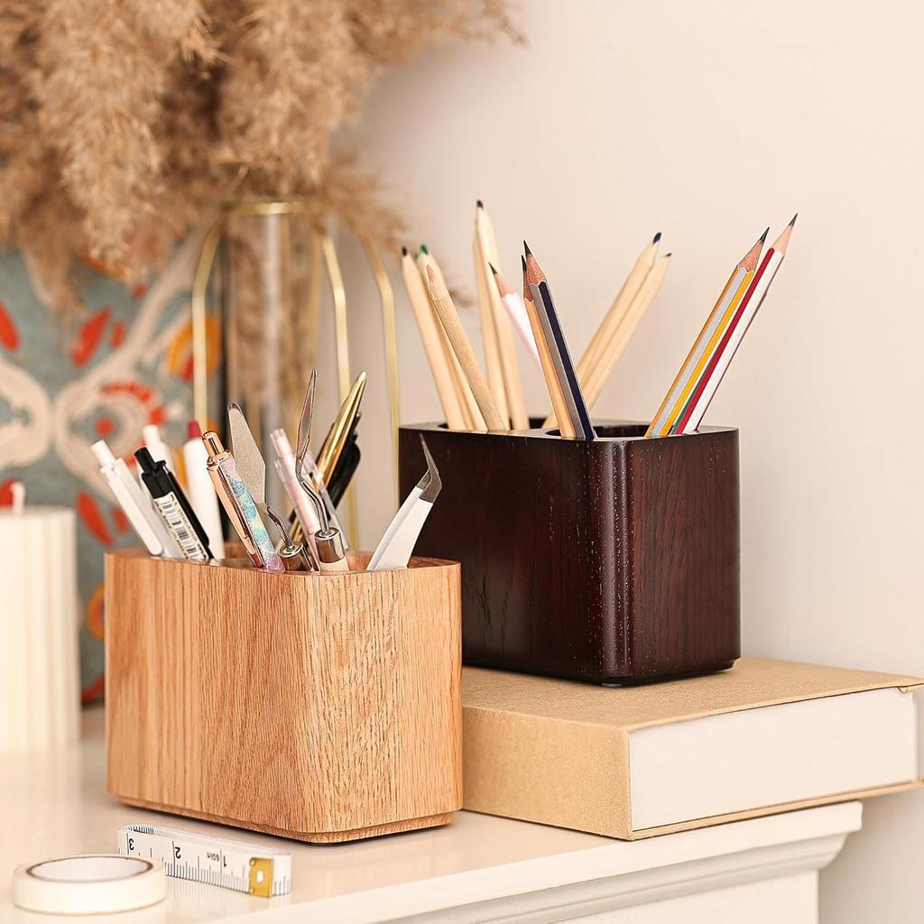 Oak Solid Wood Pen &Pencil Holder for Desk, Office Stationery Organizer, Table Pencil Cup Stand,Desk Accessories Holder, Two Cups Practical Design.