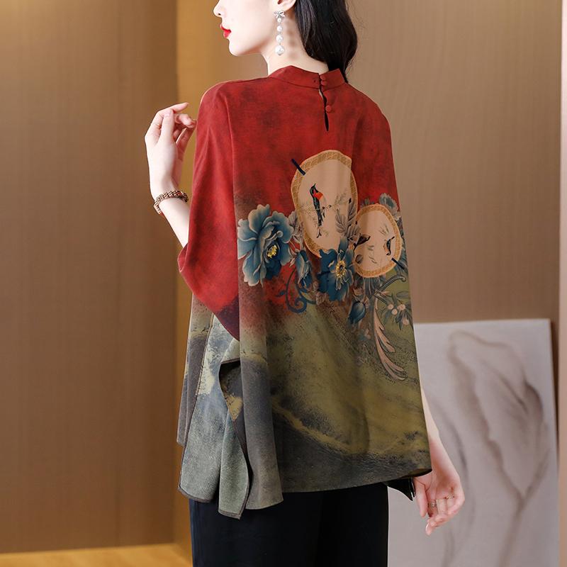 Loses Seidenoberteil in Übergröße für Damen, Sommerbluse und Hemd mit grünem Aufdruck im Vintage-Stil