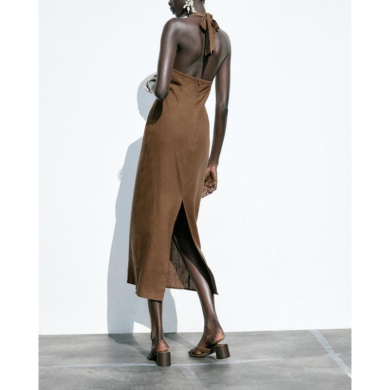 Summer Women's Clothing Vacation Style Backless Halter Collar Linen Blend Buckle Decoration Midi Skirt Dress 8351041