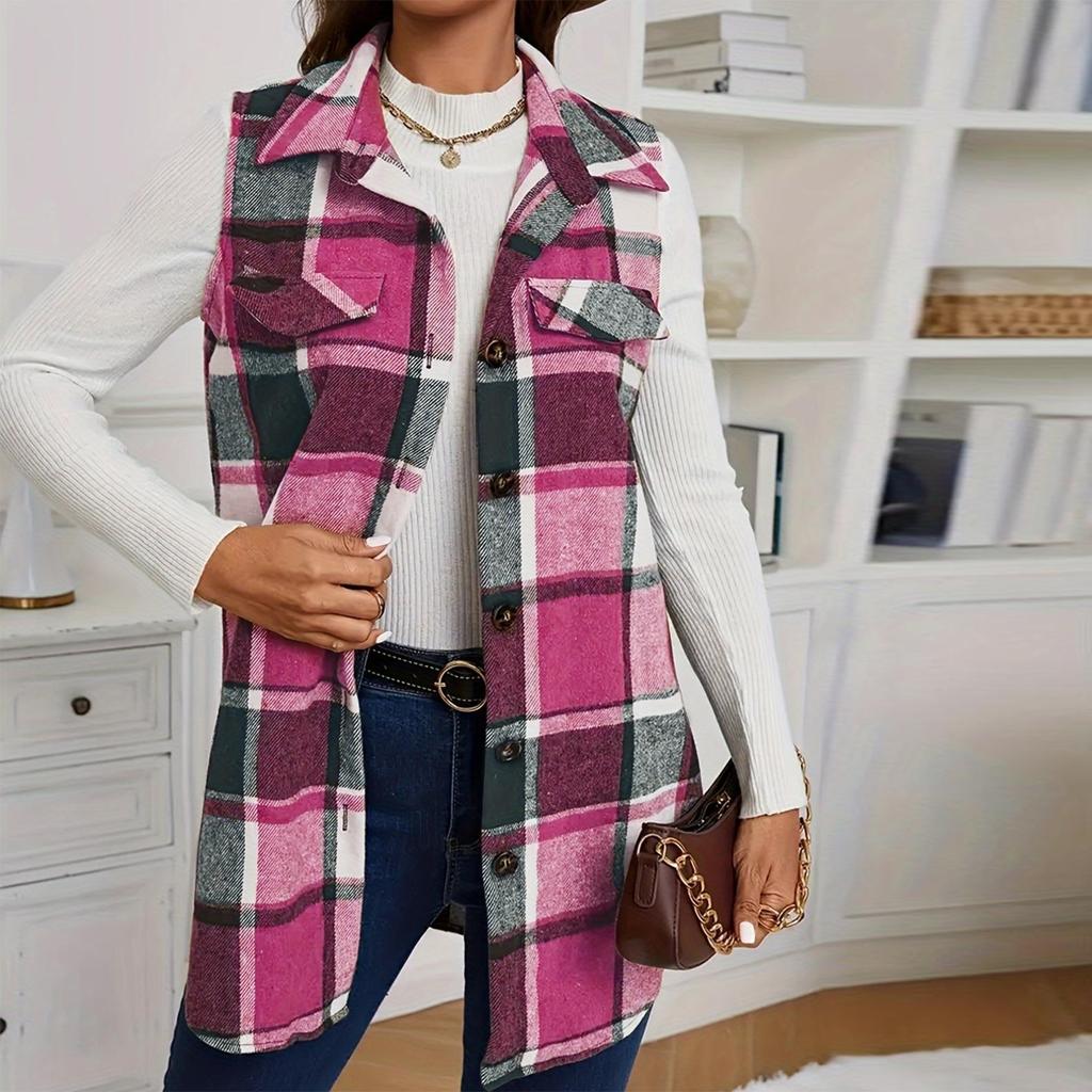Women's Fashion Casual Tank Top Long Plaid Button-down Vest with Pocket Jacket