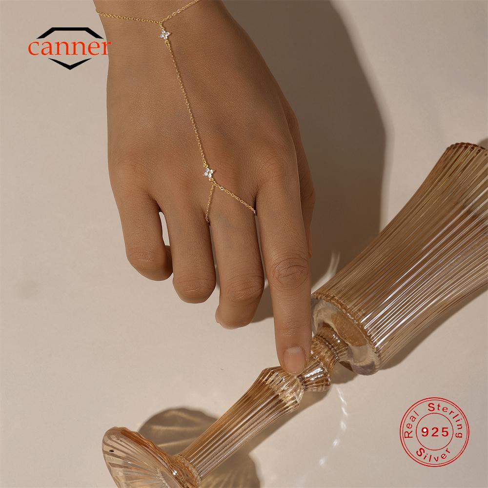 CANNER Anneau de doigt Bracelet chaîne Fleur Trèfle Zircone Cubique Argent 925 Pour Femmes Chaîne de main Ins Bijoux Oeil de cheval Cadeau de fête