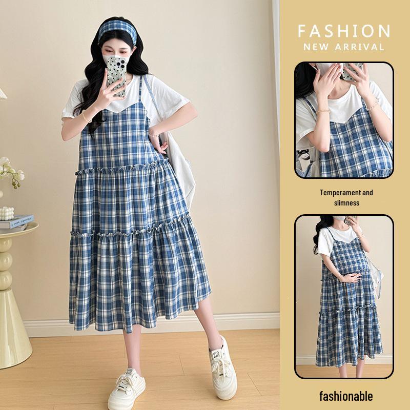 2026 Summer Korean Style Maternity T-shirt Dress with Plaid Patchwork - Fake Two-piece Set