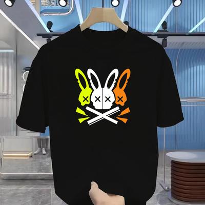 T-shirt d'été pour homme 100% coton coupe ample grand imprimé graphique Crâne de Lapin coupe slim décontracté sport col rond manches courtes