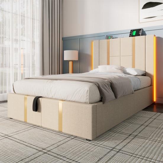 Double Bed Linen Cover Charging Function with Storage Space Mattress Headboard Soft App Control Strong Wood Slat Support Bedroom Furniture LED Light