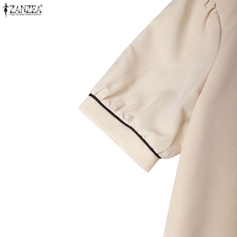 ZANZEA Women Casual Stand Collar Loose A-Line Short Sleeve Dress