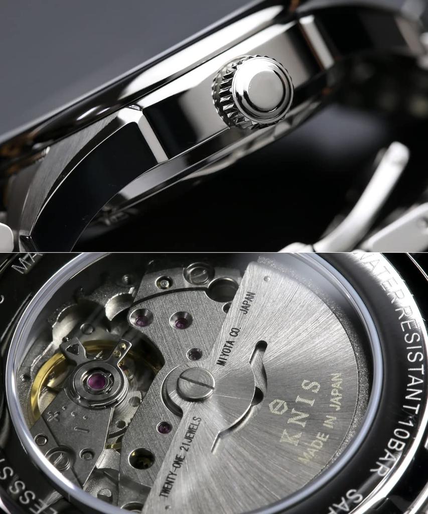 KNIS Varnish Made In Japan Automatic Watch Sapphire Glass Leather Strap 10 ATM Water Resistant Mechanical Brown Champagne Gold Men's KN001-SGBRLE