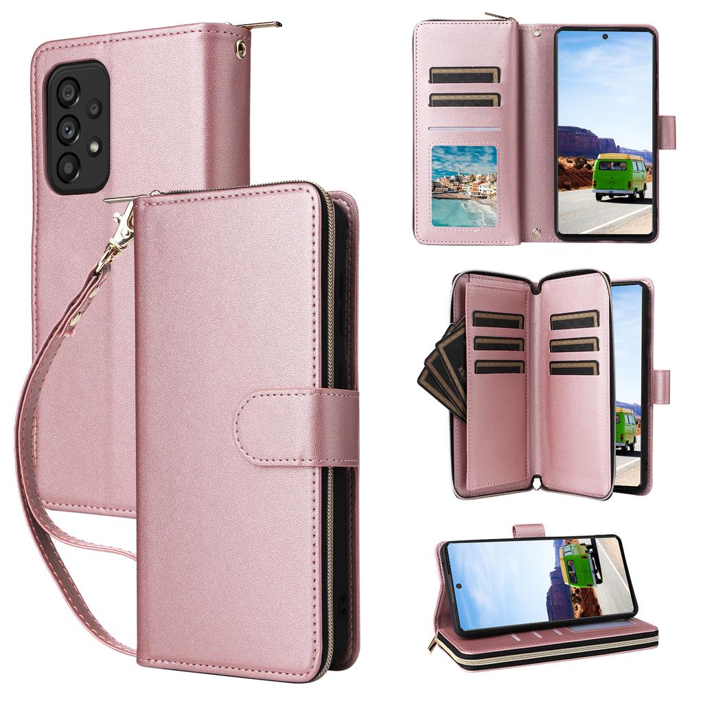 R20 Für Samsung Galaxy A53 5G Hülle Reißverschluss Leder Handyhülle mit 9 Kartenfächern