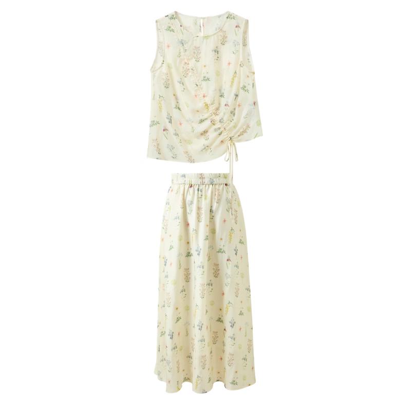 Sancai Tencel Embroidered Sleeveless Top & Skirt Set L
