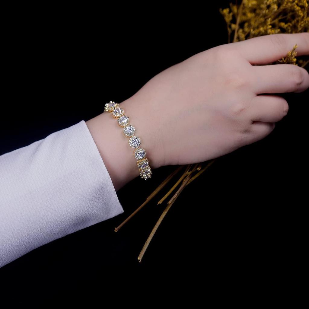 Hip Hop Luxury Brass 18K Gold Plated 5mm Round Cubic Zirconia Shiny Diamond Charm Bracelet Unisex Jewelry