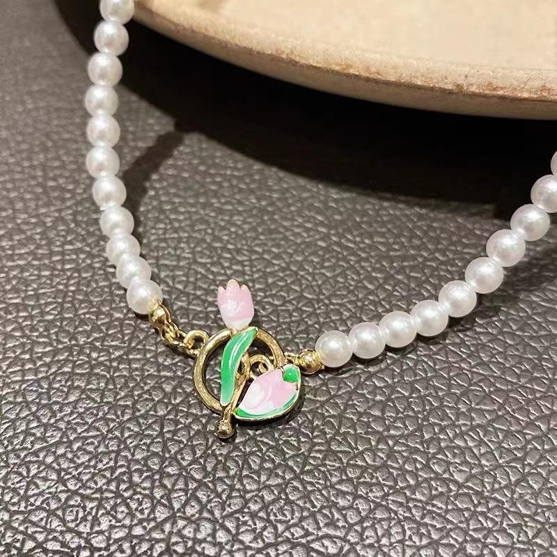 Fashion Delicate Pearl Tulip Beaded Necklaces Elegant Bracelet Temperament Design Sweet Necklace Women'S Party Jewelry Gifts