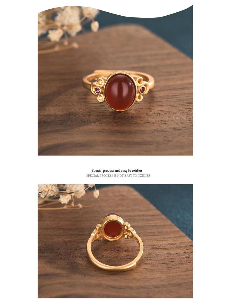 Antique Gold Inlaid Red Agate Open Ring – Versatile Ladies Design