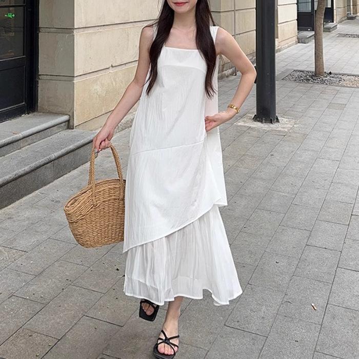 White vest skirt women's summer new French loose design medium and long irregular suspender dress